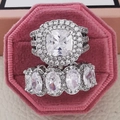 Luxury silver bridal ring set with cushion cut clear stone in pink velvet gift box - US 5 / White
