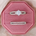 Exquisite 925 silver stackable ring set with large six-prong zircon in a pink velvet box - US 5 / Silver