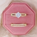 Gold tone bridal ring set with round solitaire and pavé bands in pink velvet box - US 5 / Gold