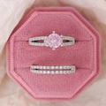 Exquisite stacking ring set with large pink round gemstone and pavé diamonds in velvet box - US 5 / Pink