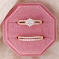 Exquisite rose gold stacking ring set with a large round diamond in a pink velvet box - US 5 / Rose Gold