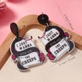 Detail of acrylic earring with snake on sign and I JUST WANNA GIVE YOU THE CREEPS text - Snake Entwined Style (WEH5141)