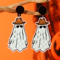 Pendientes de fantasma de Halloween con sombrero de vaquero y cuadros azules sobre naranja - Fantasma de Tablero de Ajedrez Con Sombrero de Vaquero (weh5404)