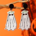 Pendientes de Halloween de fantasma acrílico con corona de flores sobre fondo naranja vivo - Fantasma Blanco Con Corona de Flores Y Gafas (weh5403)
