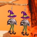 Halloween Hexenbein Acryl Ohrringe mit lila Hut und Schachbrettmuster am Zweig - Weiß Schwarz K