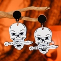 Gothic Halloween skull earrings with dagger design on autumn orange background - Skull with Dagger