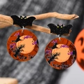Pendientes de Halloween en acrílico con murciélago de purpurina y escena de cementerio - Estilo Bruja y Luna Llena (weh5520)