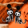 Gothic black acrylic cat skeleton earrings for Halloween on a natural branch backdrop - Cat Skeleton Dangle Style (WEH5531)
