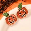 Sparkling Halloween pumpkin stud earrings with orange rhinestones and green leaf detail - Orange Rhinestones