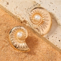 Detailed view of golden seashell earrings with white pearls and size measurements - Spiral Conch Pearl Gold Earring Style (WEH5062)