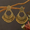 Detail view of retro ethnic crescent earrings with floral patterns on dried branch - Vintage Ethnic Bead Tassel (WEH3397)