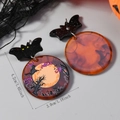Detail view of acrylic Halloween earrings featuring bat and witch motifs with size metrics - Moonlight Witch Style (WEH5520)