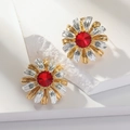 Daisy shaped stud earrings with red crystal center and two-tone gold-silver petals - Red (WEH5105)