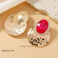 Exaggerated vintage gold alloy earrings with hammered texture and pink oval gemstone - Baroque Gemstone Hammered Earrings / Rose Red (WEH4955)