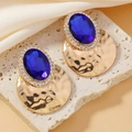Vintage gold hammer-textured earrings with oval blue stone and rhinestone halo - Deep Blue Gemstone Vintage Large Earrings / Royal Blue (WEH4955)