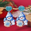 Detalle de pendientes navideños de muñeco de nieve en acrílico con corazones azules brillantes - Estilo Muñeco de Nieve Azul (WEH5645)
