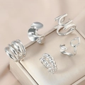 Detailed set of five irregular geometric liquid-metal style rings in polished silver - Streamline Art 5-Piece Set (WR1019) / 5 Pieces Pack / Silver