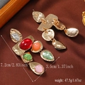 Detail of vintage geometric earrings with colorful gemstones and textured gold base - Multicolor Gold Vintage Gemstone Style (WEH3789)