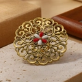 Vintage χρυσό στρογγυλό δαχτυλίδι με έθνικ σχέδια και κόκκινο λευκό λουλούδι - Ρυθμιζόμενο / Λευκό Και Κόκκινο Βίντατζ Χρυσό