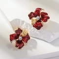 Vintage heart shaped earrings in red enamel finish with crystal rhinestone accents - Red (WEH5107)