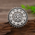 Vintage ασημένιο μποέμ δαχτυλίδι με σχέδιο mandala και διαφανή κρύσταλλα - Στυλ Mandala Ηλιοτρόπιο / Αντίκ Ασημί (X1462)