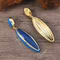 Macro view of vintage gold dangling earrings with deep blue resin and size dimensions - Royal Blue Double Section Vintage Dangle Earrings (WEH5601)
