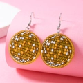 Sparkly yellow checkered disco ball drop earrings with shiny glitter finish - Round Style / Yellow