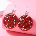 Red sequin disco ball dangle earrings with colorful dopamine acrylic checkered pattern - Round Style / Red