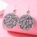 Sparkly disco ball checkerboard acrylic drop earrings with silver glitter for women - Round Style / Gray