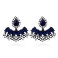 Macro detail of fan-shaped drop earrings with dark blue resin stones and crystal inlay - Gun Black Royal Blue Fan Style (EH5560)