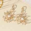 Vintage large gold floral drop earrings with white pearl and sparkling rhinestones - White Rhinestone Gold Artificial Pearl Floral Style (WEH4455)