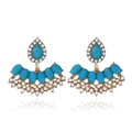 Detail of vintage gold earrings with turquoise stones and shimmering crystal accents - Golden Lake Blue Fan Style (EH5560)