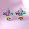 Close-up detail of Fleur-de-lis acrylic earrings with purple and green pattern - Granular Texture Fleur-de-lis Emblem Style (WEH4584)