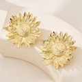 Close-up of golden sunflower earrings with detailed brushed texture and petal layers - Realistic Brushed Sunflower Style (WEH6026)