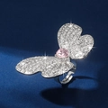 Chic butterfly open ring with silver finish, pink stone, and sparkling crystal accents - Pink Rhinestone Butterfly Style (WR1034)
