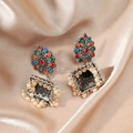 Bohemian vintage ethnic earrings with colorful enamel waterdrop patterns and faux pearls - Floral Bell Style / Blue and Antique Silver