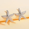 Chic silver starfish earrings with textured finish and nautical style for summer vacation - Silver Starfish Style (WEH6048) / Silver
