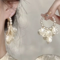 Elegant gold hoop earrings with white pearls and pearlescent floral petals for women - Style 1 (Silver Earring Post Artificial Pearl Hoop Petal Stud)