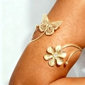 Golden arm cuff with hollow butterfly, floral crystal accent and wavy textured metal band - Hollow Butterfly Flower Style (WB440) / Imitation Gold (WB440)