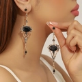 Bohemian fan-shaped tassel earrings with black gemstones and golden vintage style - KC Gold With Black Oval Stone (WEH4397)
