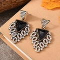 Bohemian fan-shaped tassel earrings with black stones and crystals on vintage gold base - Antique Gold With Black Triangle Stone (EH3305)