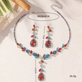 Detailed view of luxury red zircon teardrop necklace and earrings set with 40cm chain - Multicolor Imitation Gold (WTZ382)