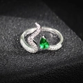Silver snake design open ring with teardrop green gemstone and pavé crystal accents - Open Adjustable / Silver