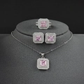 Pink square gemstone jewelry set with halo necklace, ring and earrings in silver - Pink