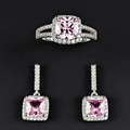 Classic silver jewelry set with square pink gemstones and sparkling white zircons - Number 5 / Pink