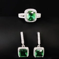 Elegant emerald green jewelry set featuring square cushion-cut ring and drop earrings - Number 5 / Green
