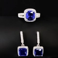 Classic halo square blue gemstone jewelry set with ring and drop earrings on black background - Number 5 / Blue