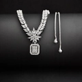 Luxuriöses Braut-Zirkonia-Halsketten-Set mit Smaragdschliff-Anhänger für Hochzeiten - Silber