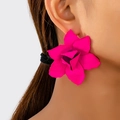 Close-up of a model wearing large matte rose red layered flower geometric earrings - Rose Red Flower Style (en-19-e054-Rose Red)