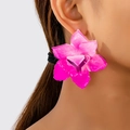 Side view of model wearing oversized matte fuchsia orchid earrings in bold floral design - Gradient Rose Red Flower Style (en-19-e054-Multicolor)